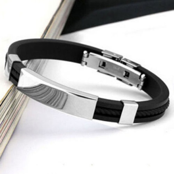 Men's Stainless Steel Black Vegan Leather Bracelet - Picture 3 of 6